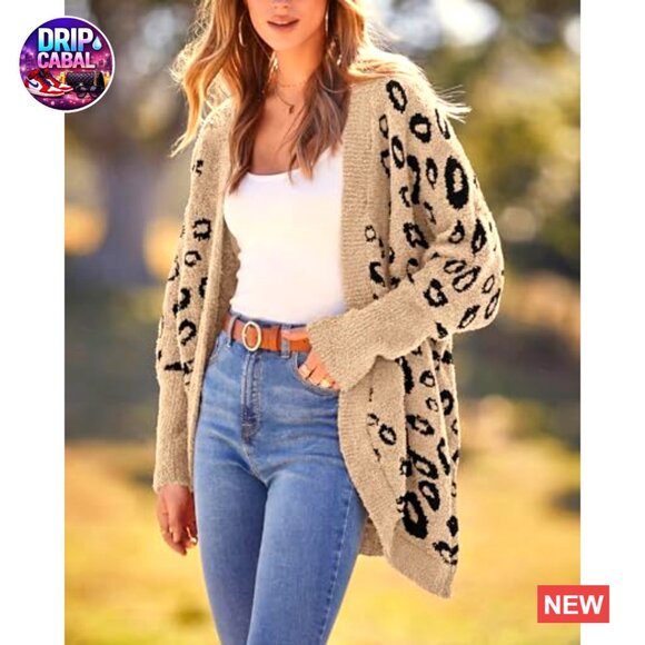 Leopard Print Cardigan Oversized Batwing Sleeves Open Front Pockets Fall - Picture 3 of 6